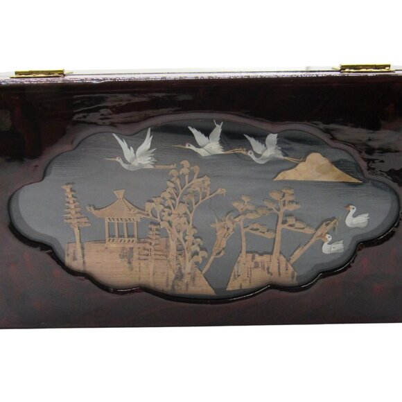 Asian Wooden JEWELRY BOX with 3D Cork Pagoda and Crane Birds Lacquered 9 Inches - Picture 2 of 11